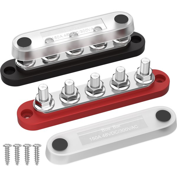 DaierTek Bus Bar 12V Power Distribution Block with Cover 5 x 1/4" Studs Terminal Block Max 150A 48VDC Positive Negative for Auto
