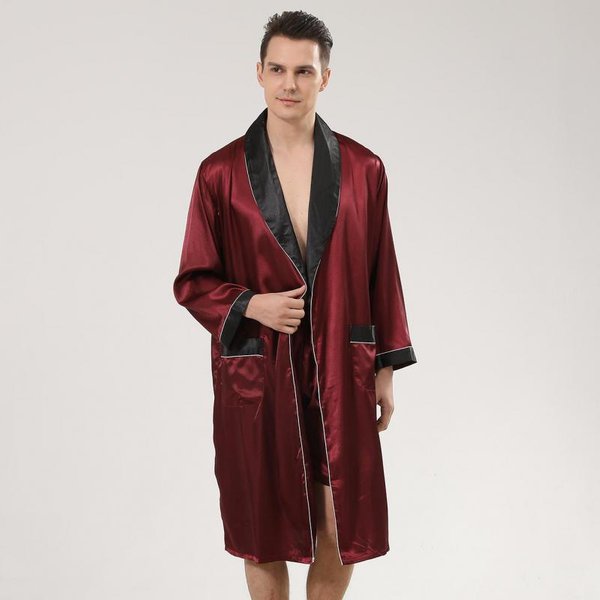 Ensemble de pyjama en satin à manches longues pour hommes, robe et short à revers, vêtements de nuit décontractés pour hommes, pyjama soyeux, 2 pièces