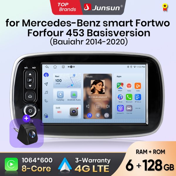 Junsun 8-calowe bezprzewodowe radio samochodowe CarPlay Android Auto do Mercedes Benz Smart Fortwo 453 2014-2020, multimedialny bezprzewodowy Apple CarPlay, inteligentne systemy, ekran dotykowy IPS,