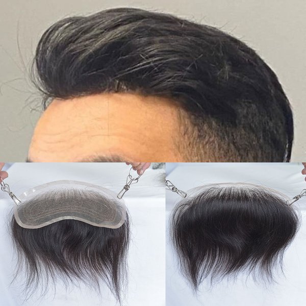 Herren-Haarteil für den Haaransatz, schwarzes Haar für Frontal-Haarteil, Full Lace V-Shape Topper, natürlicher Haaransatz, gebleichte Knoten, System 1.57X7.08