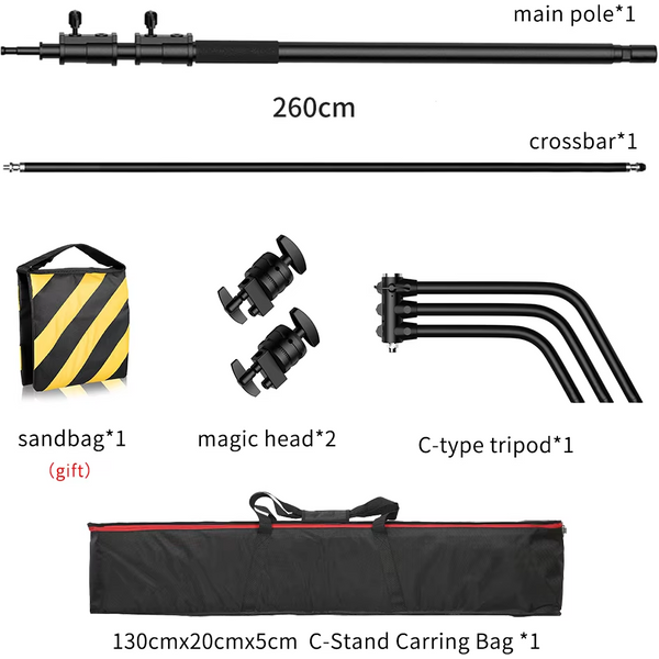 Schwarzer C-Ständer SH 2,6 m/3,3 m Edelstahl faltbarer Lichtständer Stativ Magic Leg Fotografie C-Ständer für Spotlicht, Softbox