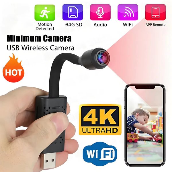 Caméras de surveillance WiFi USB 4K Mini avec objectif flexible, câble, détection de mouvement, enregistreur vidéo, caméra de surveillance de sécurité, caméscope 2026