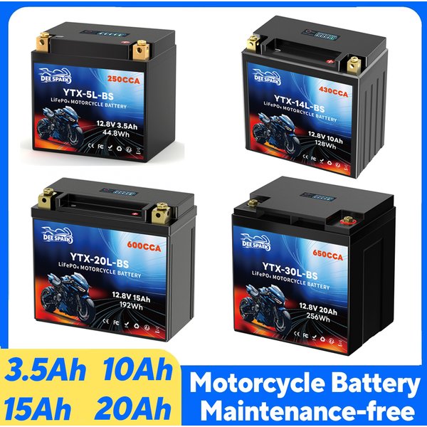 DEESPAEK 12V Motorrad-Starterbatterie 3,5-20Ah CCA 650 600 430 LiFePO4 Starterbatterie mit BMS-Spannungsanzeige für ATV UTV Roller Schneemobil Yamaha Honda Suzuki