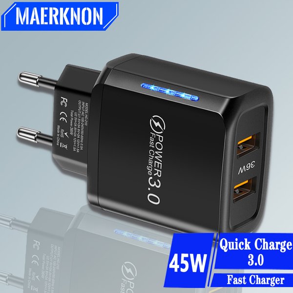 Chargeur double USB 36W, Charge rapide 3.0, éclairage LED, prise ue US, adaptateur de Charge rapide pour Iphone13, Samsung, Xiaomi, chargeur de téléphone portable