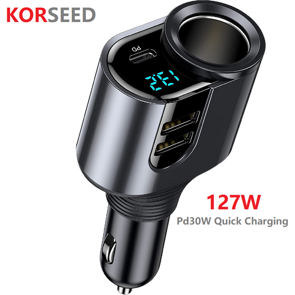 Nouvel adaptateur allume-cigare de voiture 4-en-1 avec répartiteur de cigarette, ports USB doubles Type-C, affichage de la tension 127W, compatible avec prise de voiture