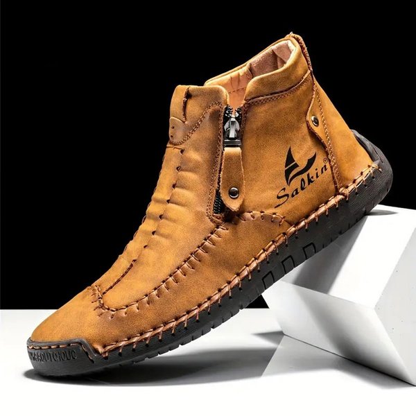 Męskie, szyte ręcznie buty za kostkę, modne buty codzienne z bocznym zamkiem, całoroczne buty outdoorowe, duże rozmiary męskich butów, wygodne buty bez podeszw.