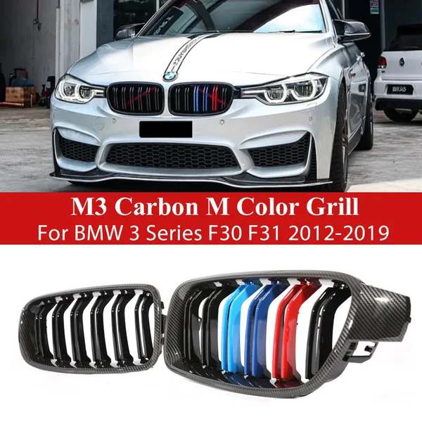 Pour BMW série 3 F30 F31 F35 Grille en Fiber de carbone Facelift Grille de course rein pare-chocs avant M couleur gril 2012-2019 accessoires