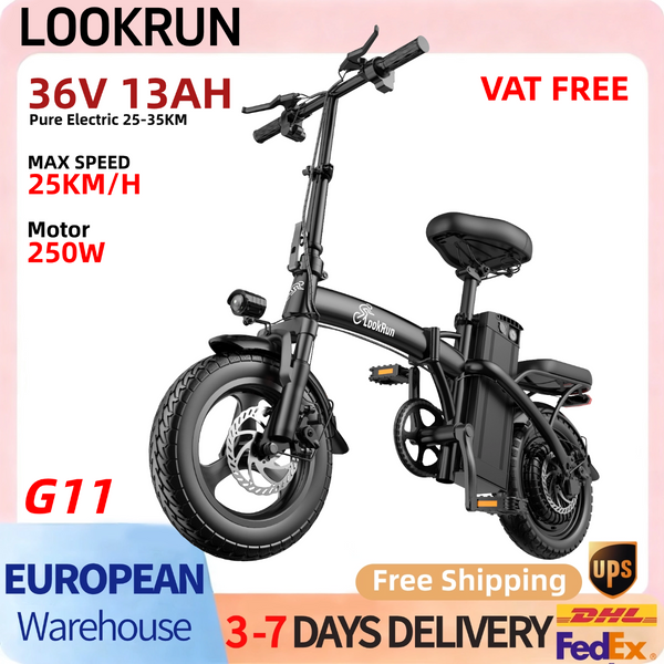 Lookrun G11 Klappbares Elektrofahrrad, 250W, 36V13Ah Lithium-Akku, 35-50 km Reichweite, Unterstützungsmodus, E-Bike für Erwachsene für den Stadtverkehr, 14 Zoll Fat Tire, Klappbares E-Bike für