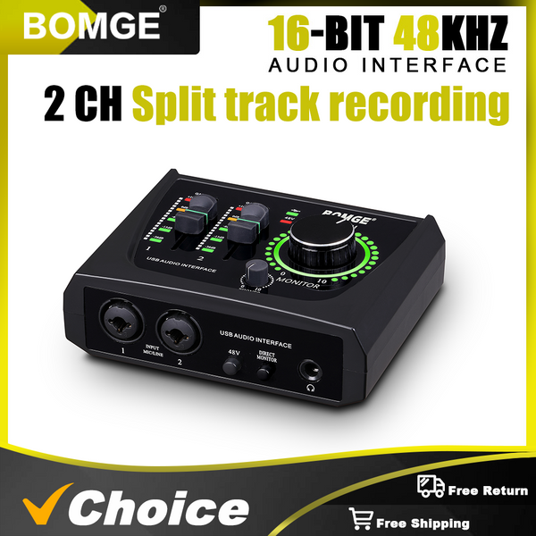 Interface audio USB BOMGE Mini 2 canaux, carte son pour l'enregistrement, le streaming et la diffusion de podcasts avec alimentation fantôme XLR/48V pour guitaristes