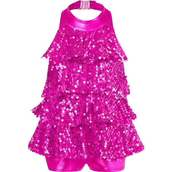 Kids Girls Sequins Modern Jazz Latin Ballet Dance Costume Halter Shiny Stage Performance Ballet Dance Shorty Unitard Dress