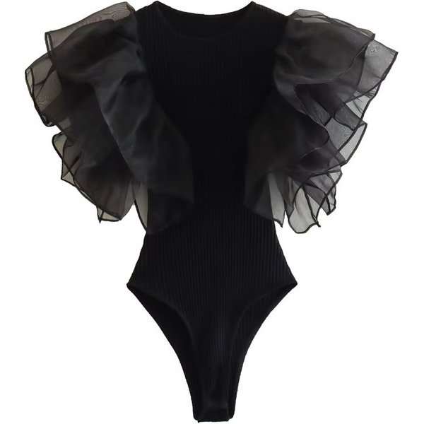 Willshela Women Fashion Black Ruffled Bodysuits Vintage O-Neck Sleeveless Female Chic Lady Tight Tops
