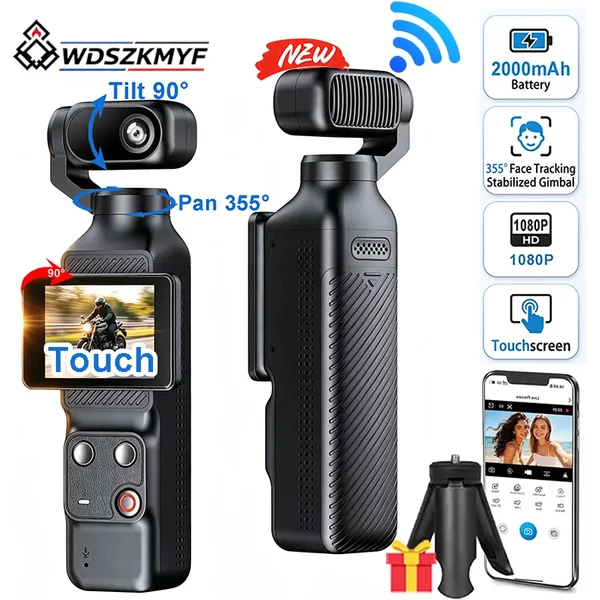 Caméra d'action WiFi de poche avec stabilisateur, écran tactile 1080P, 355 ° Stabilisateur automatique de suivi du visage, petite caméra vidéo pour vlog de voyage