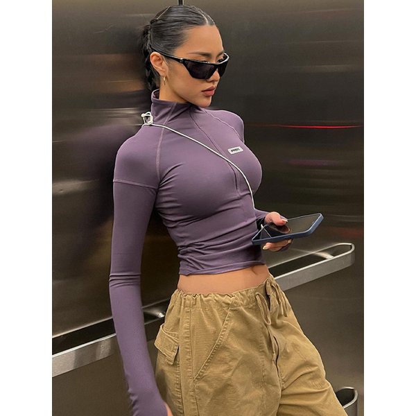 Hugcitar mode automne femmes fermeture éclair à manches longues moulante t-shirt Fitness haut court Streetwear Y2K vêtements tenues Sexy coréen