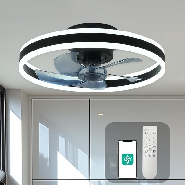 19.7 Inch Low Profile Ceiling Fan with Light and Remote Control, Modern Flush Mount LED Ceiling Fan, Dimmable 3 Color Temperature, 6 Speeds, Indoor Ceiling Fan for Bedroom Living Room