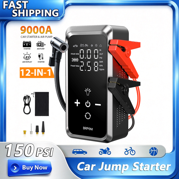 2-in-1 tragbarer Starthilfekasten mit LCD-Display und LED-Leuchten, 26800 mAh tragbare Auto-Batterie-Powerbank, 9000 A Spitzenleistung, Starthilfe für Autos mit 150 PSI Luftkompressor für