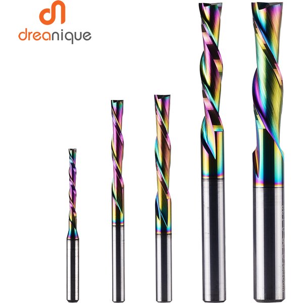 Dreanique 1pc DLC revêtement fraise en carbure monobloc 3.1,4,6,8, 10,6.35mm 2 cannelures spirale routeur peu fraise en bois MDF coupe vers le bas