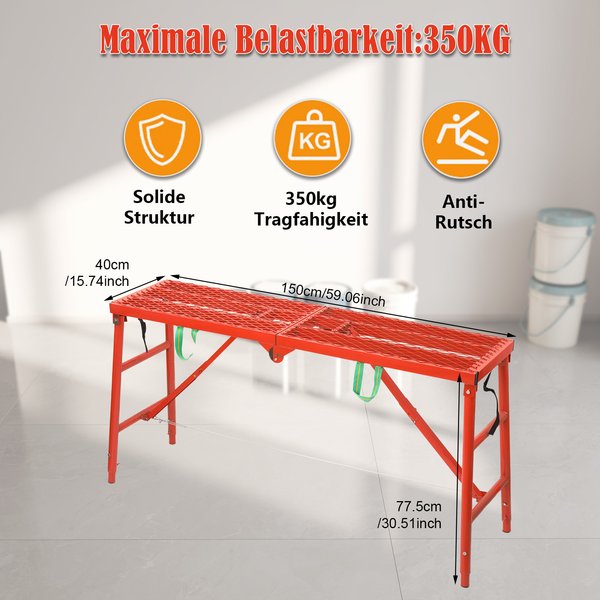 Plateforme de travail pliable 150cmx40cm, échelle-tabouret, surface antidérapante en maille, plateforme mobile, établi de décoration, échelle multifonctionnelle pour travaux de construction et