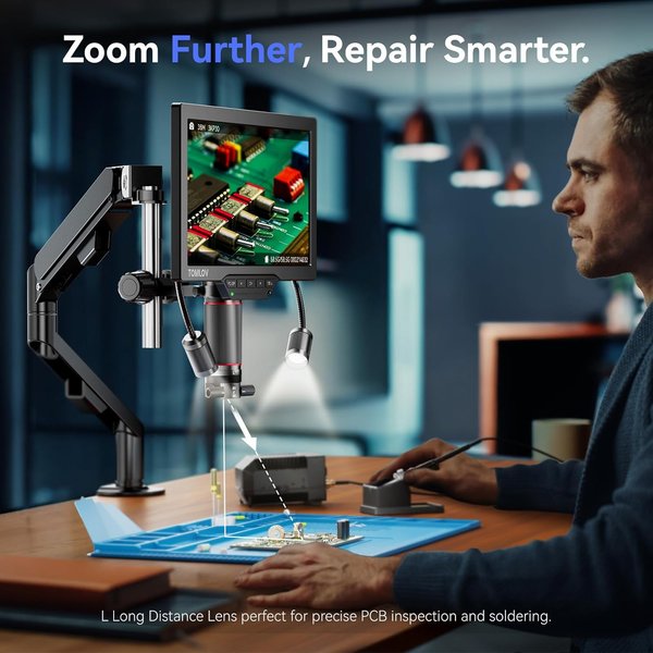 TOMLOV 3D Digitalmikroskop 2000X Flex-Arm-Ständer HDMI Mikromikroskopkamera Doppellinse Elektronisches Löt-Mikroskop Dreifach-Bildschirmanzeige für PCB-Reparaturen