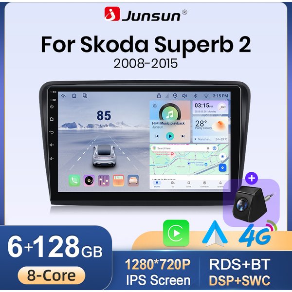 Junsun 10" Android 15 Autoradio für Skoda Superb 2 2008-2015, kabellos für Apple CarPlay, Auto-Bildschirm, Stereo-Multimedia-Video-Player, intelligente Fahrzeugsysteme, 2-Din-Autoradio-Haupteinheit,