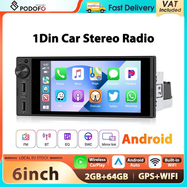 Podofo 6'' 2+64G Autoradio 1Din Android Multimedia-Player Carplay Android Auto Bluetooth WiFi GPS USB Typ-C EQ RDS Auto-Audio