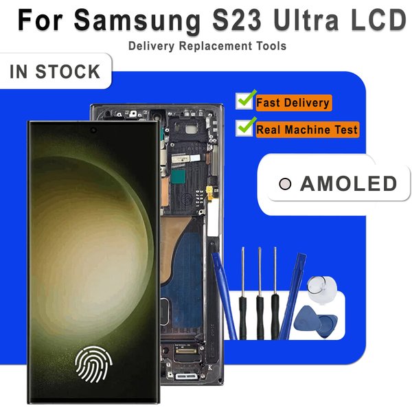 Super-AMOLED-LCD für Samsung Galaxy S23 Ultra, LCD-Touchscreen-Digitalisierer-Einheit, Ersatzteil, unterstützt S Pen und Fingerabdrucksensor.
