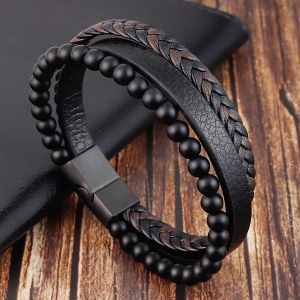 Bracelet en cuir multicouche pour hommes, classique, mode, haute qualité, perles d'obsidienne, bijoux cadeau