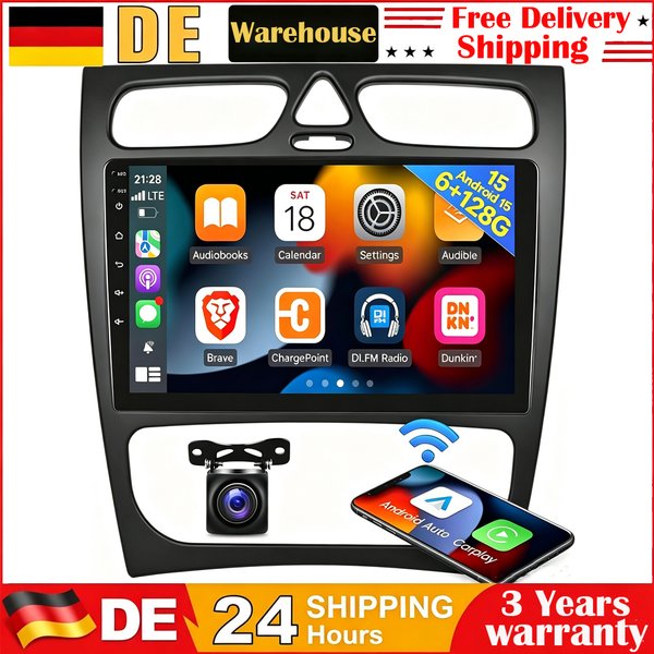 9" Android 15 Doppel-DIN 6GB+128GB Touchscreen Auto-Stereo-Radio Multimedia-Video-Player für Mercedes-Benz C-Klasse W203 C200 C320 C350 CLK W209 S203 A209 2000-2005 Drahtloses Carplay & Android Auto