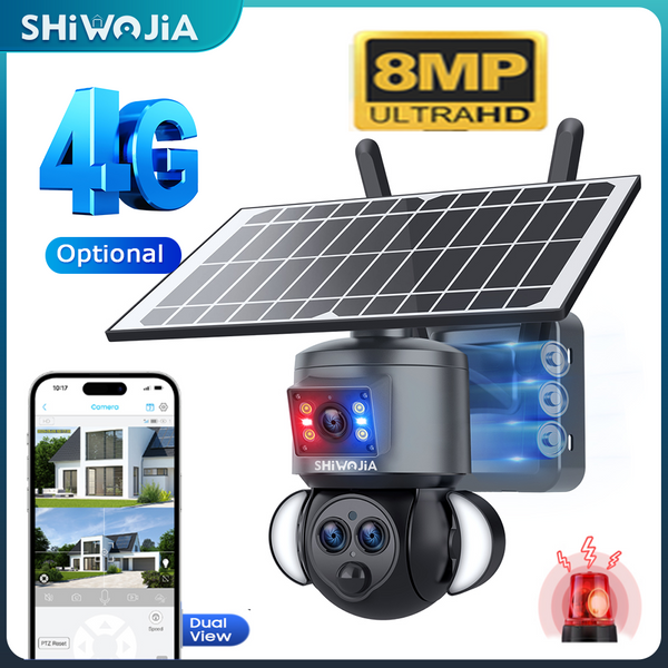SHIWOJIA 8MP 4G SIM Solar-Kamera Außen PIR-Erkennung Humanoid-Auto-Tracking Außen-Sicherheitskamera