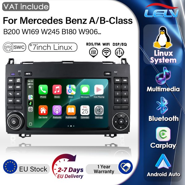 Lelv Wireless Carplay Android Auto Car Radio for Mercedes Benz W169 W245 B200 W906 Sprinter W639 Vito 2 Din Multimedia Stereo with Built-In Cooling Fan Gps Navigation Swc Bluetooth Fm Rds Dsp Ips
