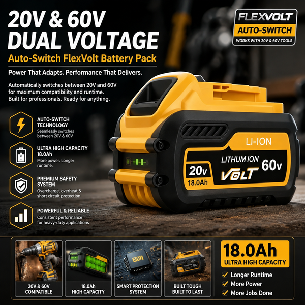 FlexVolt 18,0Ah 20V-60V Auto-Switch Lithium-Ionen-Akku, Hochleistungs-Ersatzakku für schwere Elektrowerkzeuge, Rasen- und Gartengeräte