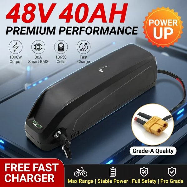 Batterie de vélo électrique LIDIKALA 48V 40AH Hailong Max Downtube, pack de batteries 40A avec BMS intelligent, cellules lithium 18650 et verrou de sécurité, pour kit de conversion de vélo électrique