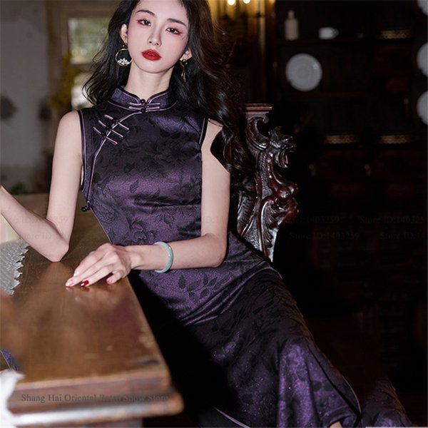 Vintage Damen Langes Cheongsam Sexy Bedrucktes Chinesisches Qipao-Kleid Traditionelle Chinesische Neujahrs-Kostüme Bühnenauftritts-Bekleidung