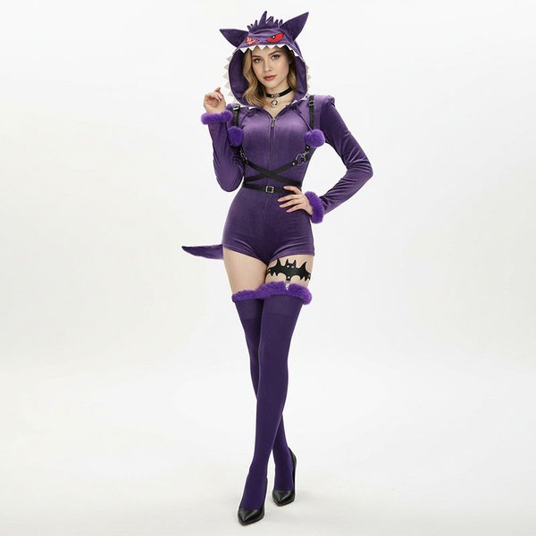 Damen Lila Geister-Cosplay-Kostüm Halloween Niedlicher Sexy Bodysuit mit Kapuze und Schwanz Anime Bunny Girl Cartoon Plüsch-Pyjama Party-Uniform