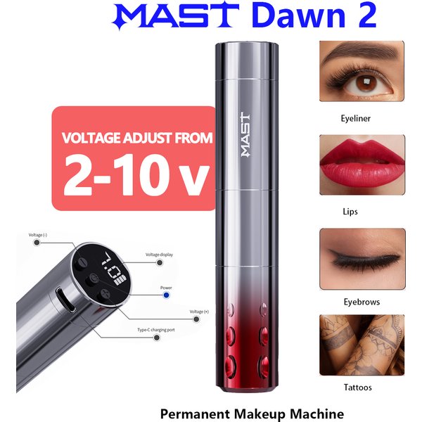 Mast Dawn2 Stylo PMU sans fil, machine de maquillage permanent à tension de fonctionnement réglable de 2 à 12 Volts, course de 3,0mm et conception légère destinée à la micropigmentation