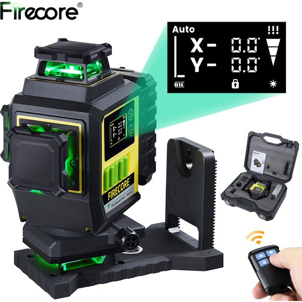 FIRECORE F95T-4G 16 Linien 4D Grüner Laser-Nivellierer 360° 6600mAh Li-Ionen-Akku Selbstnivellierend, X/Y-Achsen-Winkelanzeige, Fernbedienung