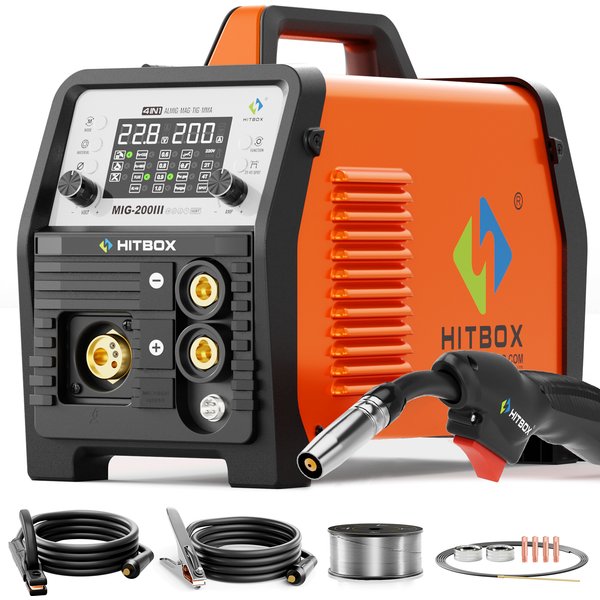 HITBOX MIG200 Schweißgerät mit LED-Display, 7-in-1 MMA Gaslos/Gas MIG Lift TIG Spool Gun Spot Pulse Aluminium-Schweißmaschine für Kleinunternehmen