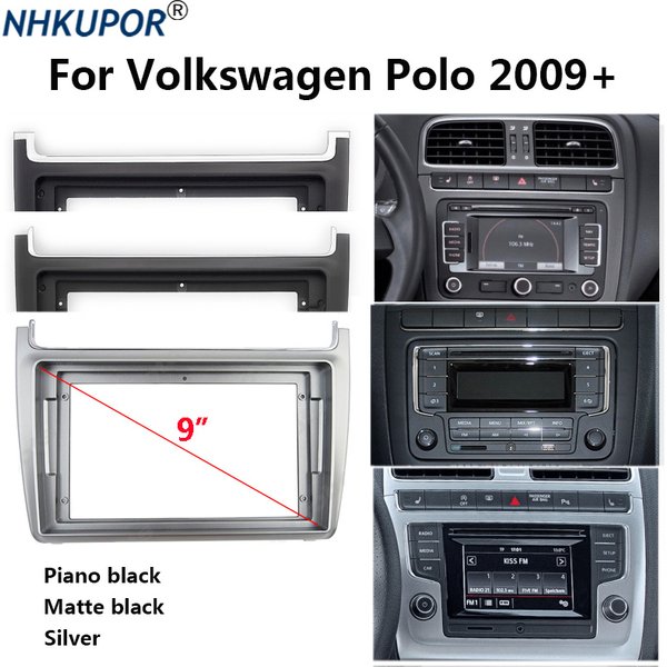 Fascia de panneau d'autoradio pour Volkswagen VW Polo, 9 ", 2 Din, Prada, panneau stéréo, lunette de montage, plaque frontale, support de console centrale, 2009 +