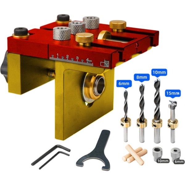 3 In 1 Dowelling Jig Kit Adjustable Pocket Hole Jig Woodworking Drilling Guide Tenoning Puncher Locator W/ 6/8/10/15mm Drill Bit