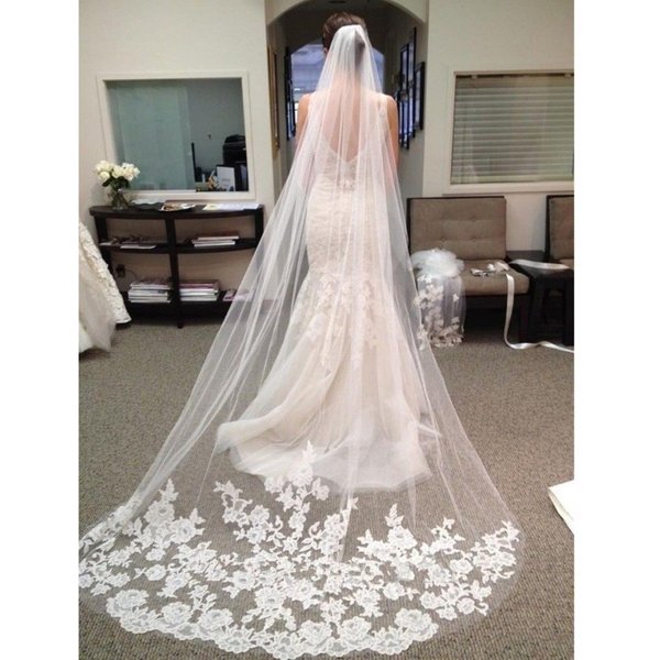 Voile de mariée monocouche brodé avec bord en dentelle, fournitures de mariée 3m avec peigne