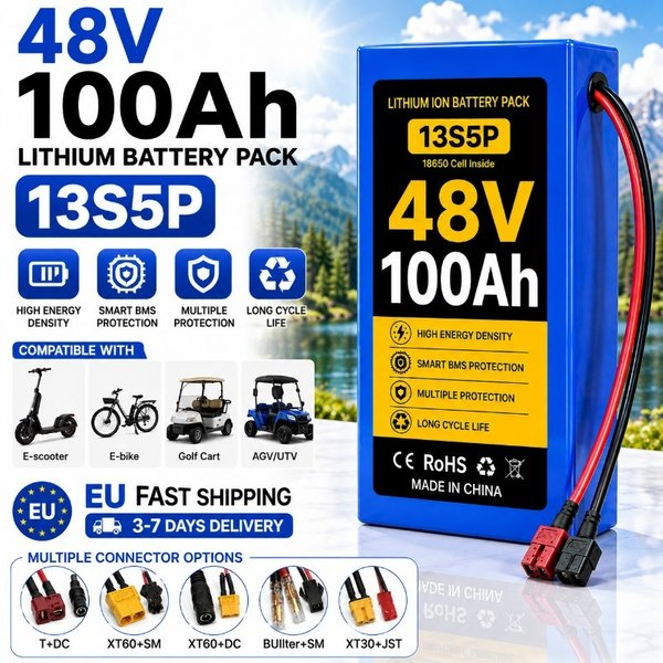 48V 100Ah 13S5P 18650 Lithium-Ionen-Akkupack mit integriertem intelligentem BMS, hohe Energiedichte, wiederaufladbar, EU-Schnellversand für 500-1000W Elektromaschinen, industrielle Elektrogeräte,