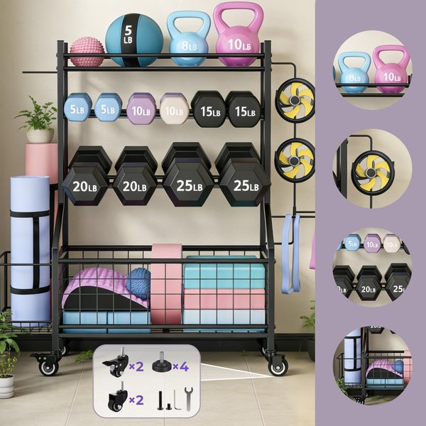 4-stufiger Hantelständer, multifunktionaler Hantelständer, Aufbewahrung für Hanteln, Kettlebells, Yoga-Blöcke, Yoga-Matten-Organizer mit Rollen und Haken für das Home-Gym.