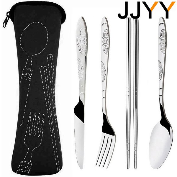 JJYY 4 pièces/3 pièces ensemble vaisselle Portable imprimé couteaux fourchette cuillère en acier inoxydable famille Camping Steak couverts vaisselle avec sac