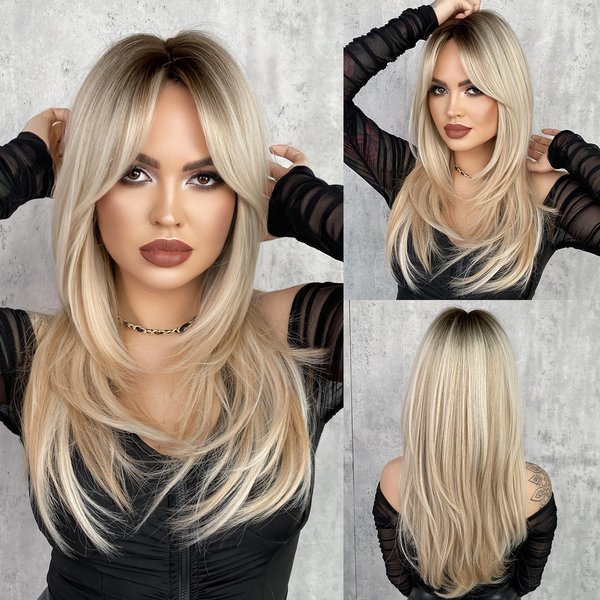 NAMM – perruque synthétique Blonde ombrée pour femmes, perruque longue et lisse avec frange pour le jour, perruque Hai superposée en Fiber résistante à la chaleur