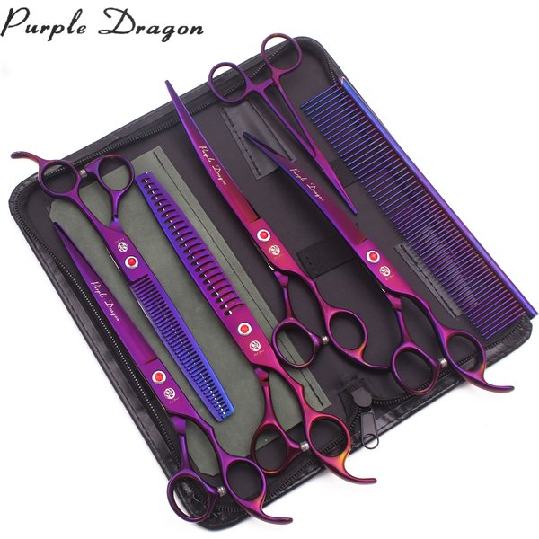 Purple Dragon Dog Grooming Scissors Kit 8" Japan 440C Straight Shears Curved Scissors Pet Thinnning Shears Animal Chunker Z3015