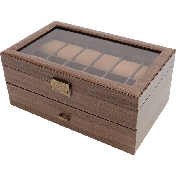 Boîte à montres à 24 emplacements, double couche, organisateur de bijoux en cuir PU à texture bois, vitrine en verre avec coussinets doux, charnières métalliques antirouille, idéale pour le rangement