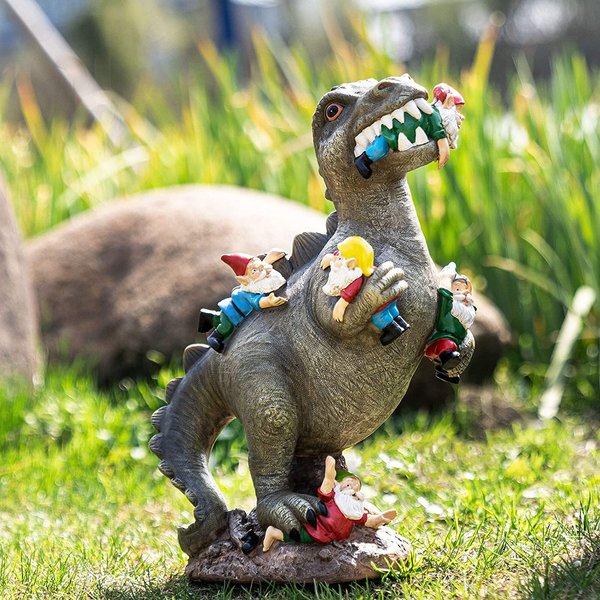 Statue de Gnome mangeant de jardin de dinosaure malheureux, Figurine en résine, meilleur décor artistique pour l'extérieur et la maison, accessoires imperméables pour la maison