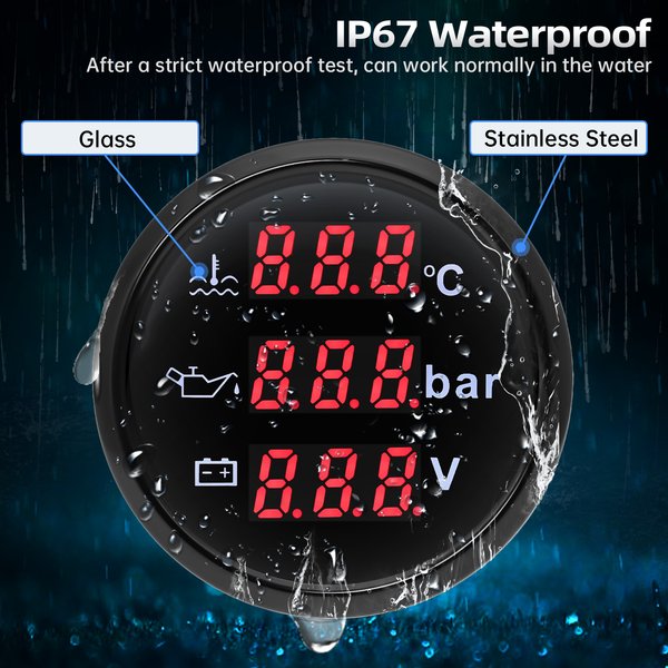 3-in-1 52mm Digitalanzeige mit Alarm 0~120 ℃ Wassertemperaturanzeige+Öldruckmesser+Voltmeter 0-10Bar Öldruckmesser 9-32V