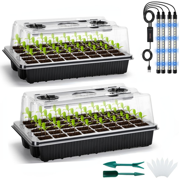 2 Packs, Ensemble De Plateaux De Germination De Graines, Équipé D'un Kit De Démarrage De Graines À Dôme Élevé - 80 Cellules, 4 Lumières De Croissance LED, Minuterie Intelligente Et 3 Modes, Adapté À