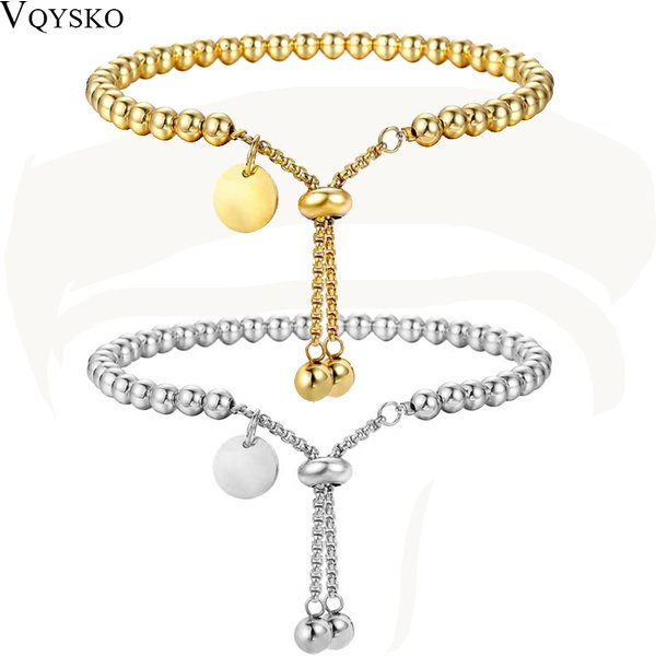 VQYSKO Fashion Stainless Steel Custom Bracelet Letter Tag Ball Beads Adjustable Women's Bracelet Jewelry