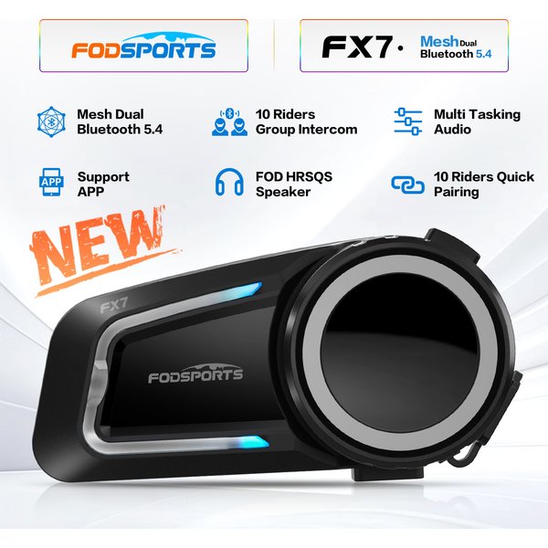 Fodsports FX7 casque de Moto Interphone maille Bluetooth casque casque Moto Interphone,10 cavalier 2000 M,BT5.4,Application de support.